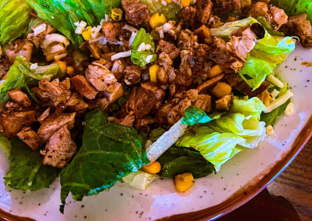 a picture of a gluten free dish from Disney Animal Kingdom. pictured is a salad with lettuce, corn and chicken.
