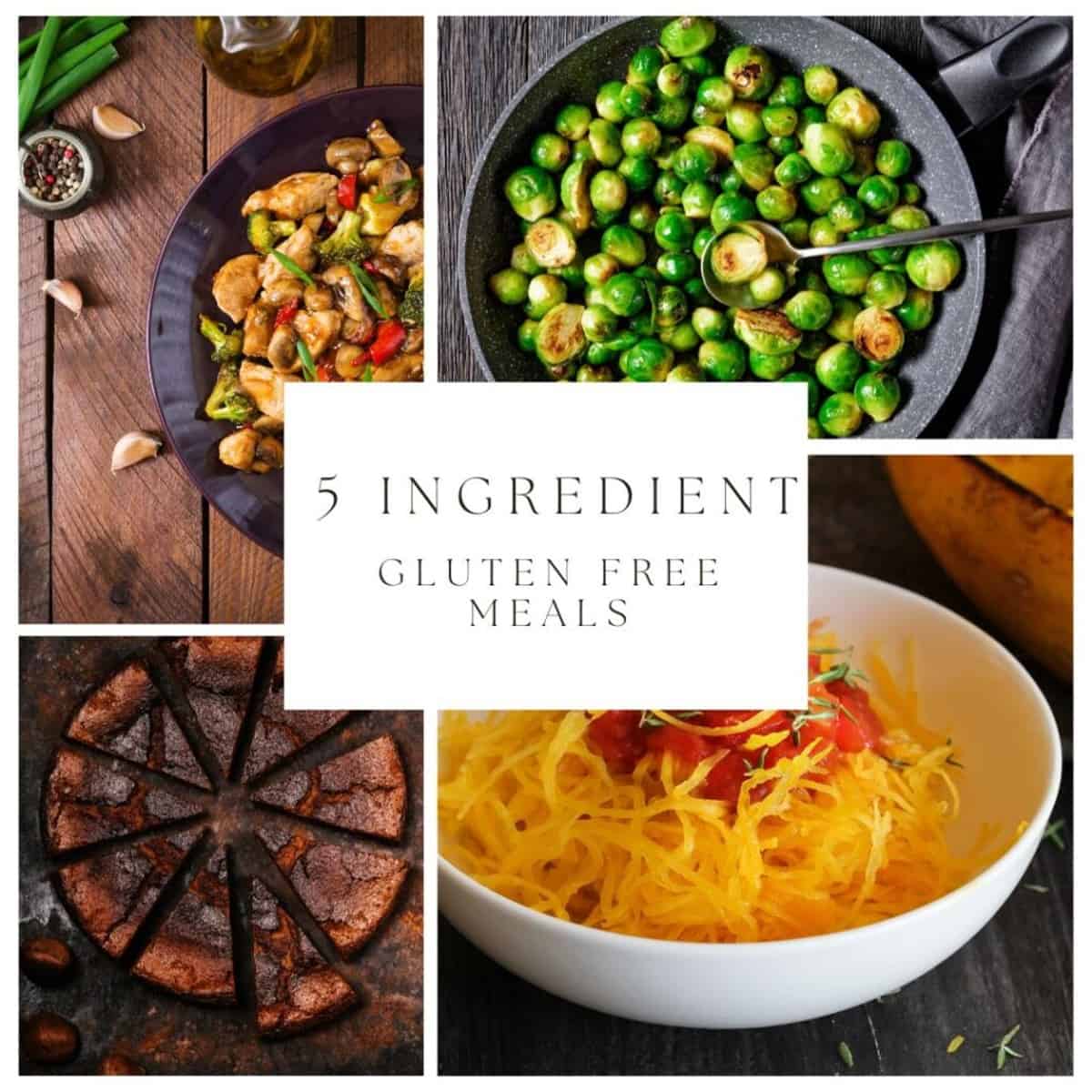 Five 5-ingredient gluten-free meals: Gluten-Free Chicken Stir-Fry, Gluten-Free Spaghetti Squash with Bolognese Sauce, Gluten-Free Turkey Burgers with Sweet Potato Fries, Gluten-Free Salmon with Roasted Vegetables, and Gluten-Free Chicken Tacos with Avocado Salsa.