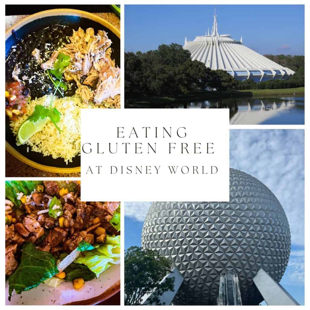 a picture of disney world and the epcot center. several gluten free food dishes are shown from inside the park. 