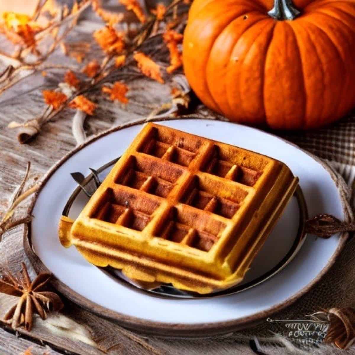 A close-up photo of a golden brown pumpkin spice waffle on a plate. The waffle is topped with maple syrup and a sprinkle of pumpkin pie spice. The background is blurred, and there is a warm, inviting glow to the image.