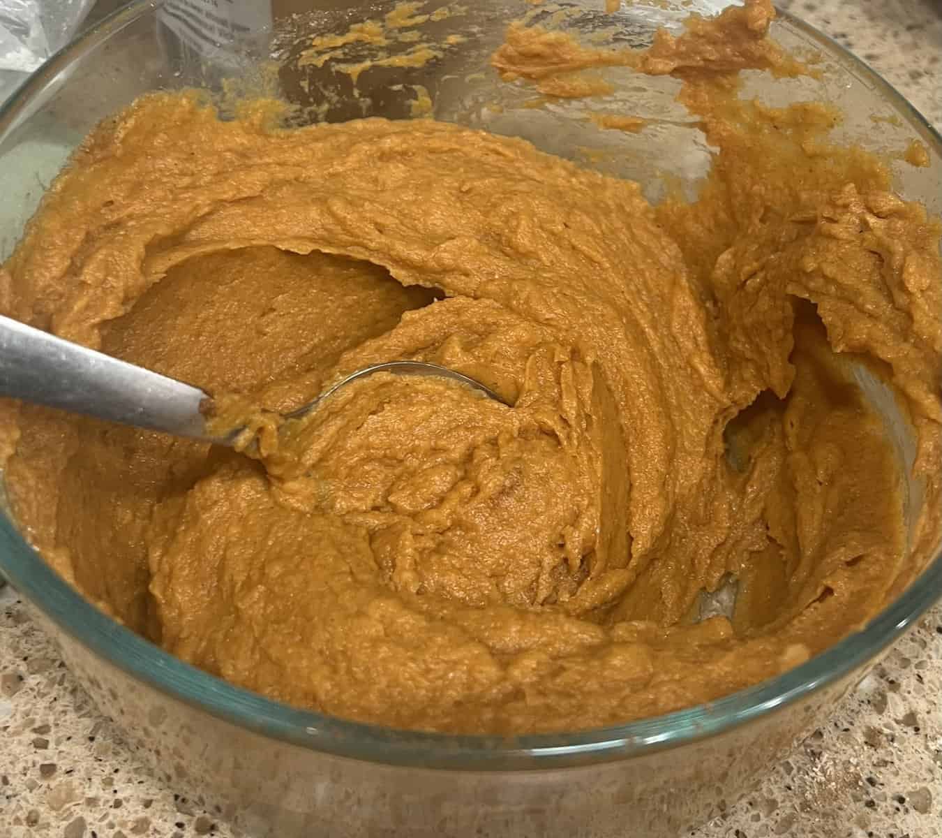 Mix all pumpkin waffle ingredients in a bowl until smooth