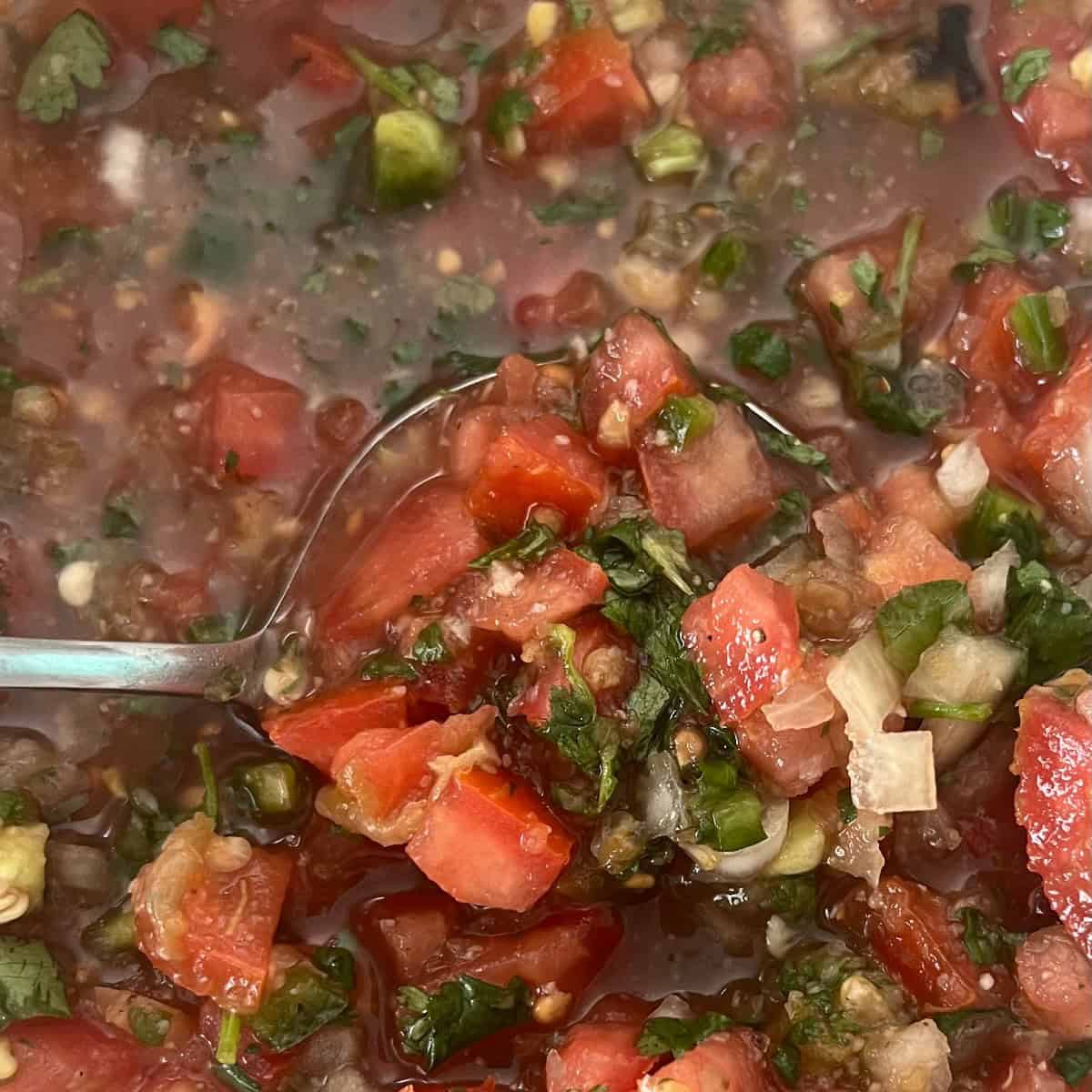 A bowl of salsa with a spoon in it. The salsa is a chunky mixture of chopped red tomatoes, onions, and cilantro