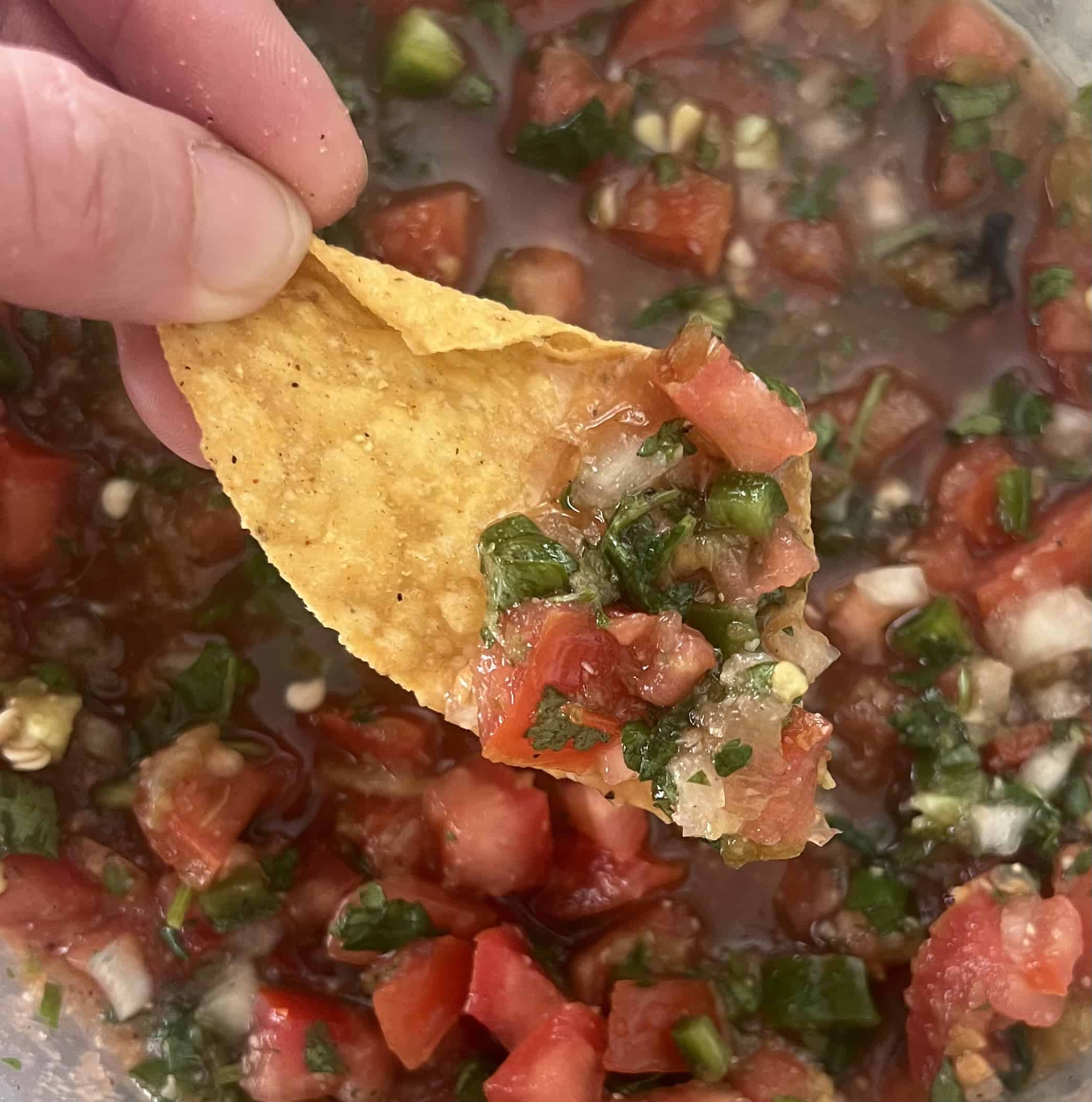 A close-up of a person dipping a tortilla chip into a bowl of red salsa. The salsa jalapeno recipe has flecks of green, possibly cilantro and jalapeno.