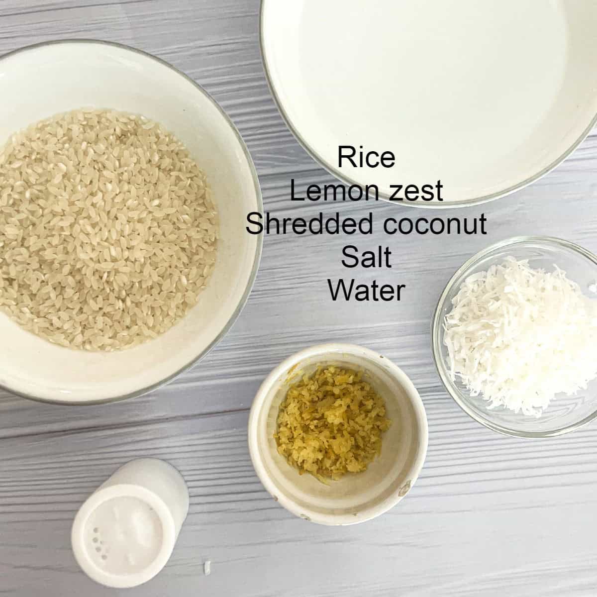 ingredients are shown for making coconut rice in the rice cooker including rice, lemon zest, shredded coconut, water, rice and salt