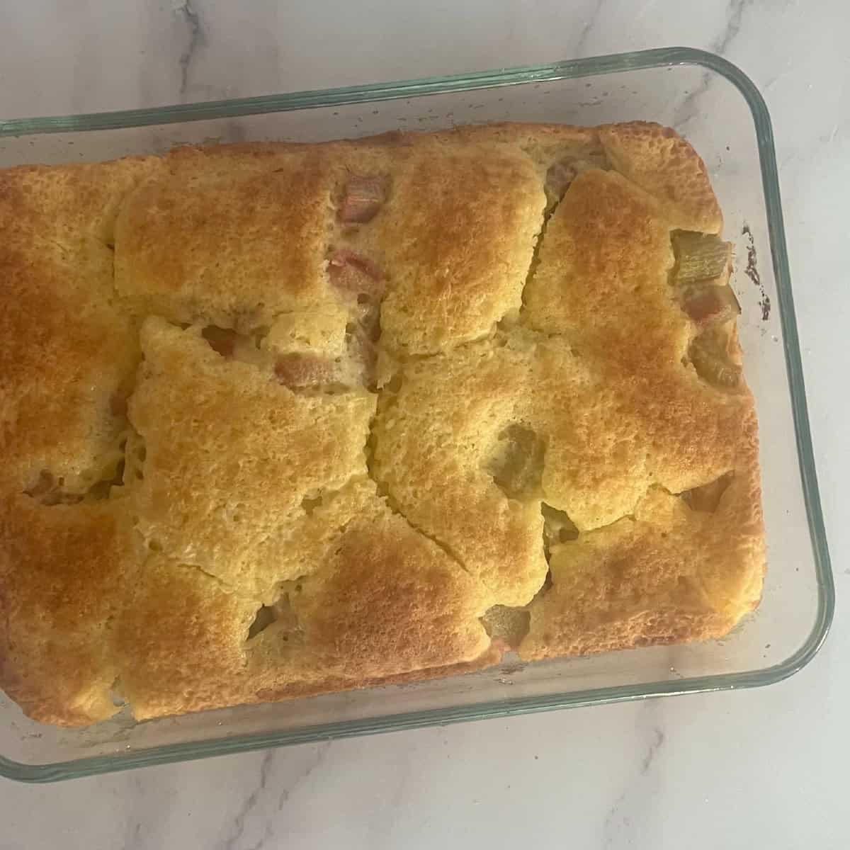 a picture of rhubarb cake fully baked in a cake tin